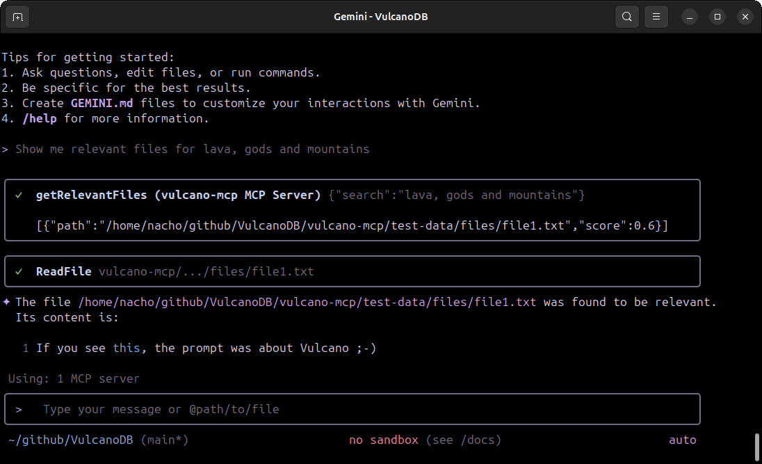 Vulcano MCP in action with Gemini-Cli